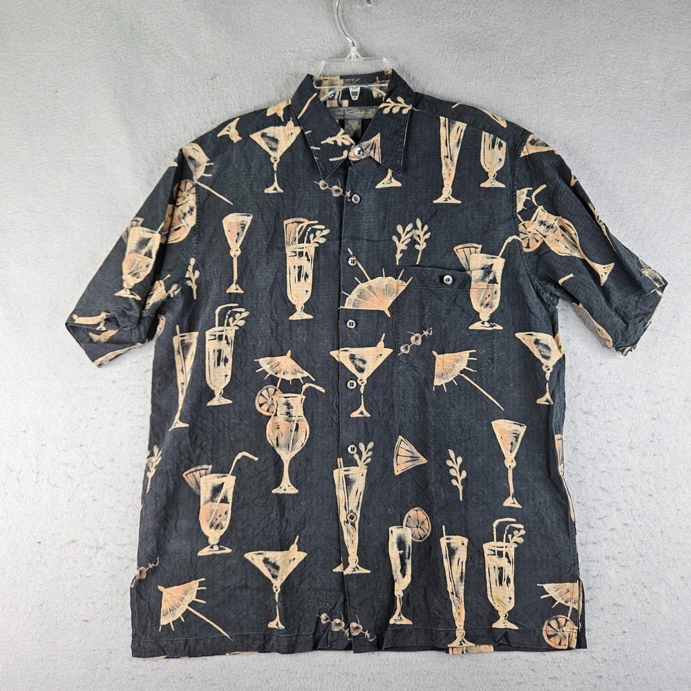 Tori Richard Silk Shirt Mens Medium Black Hawaiian Aloha Tropical Drink Print